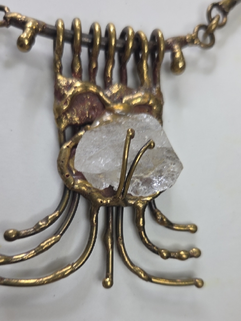 Brutalist Artisan Handmade Statement Necklace with Clear Raw Crystal Pendant - Picture 4 of 9